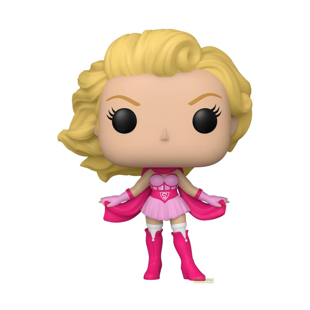 Eine Funko Pop-Figur mit blonden Haaren und Supergirl-Outfit in Rosa.