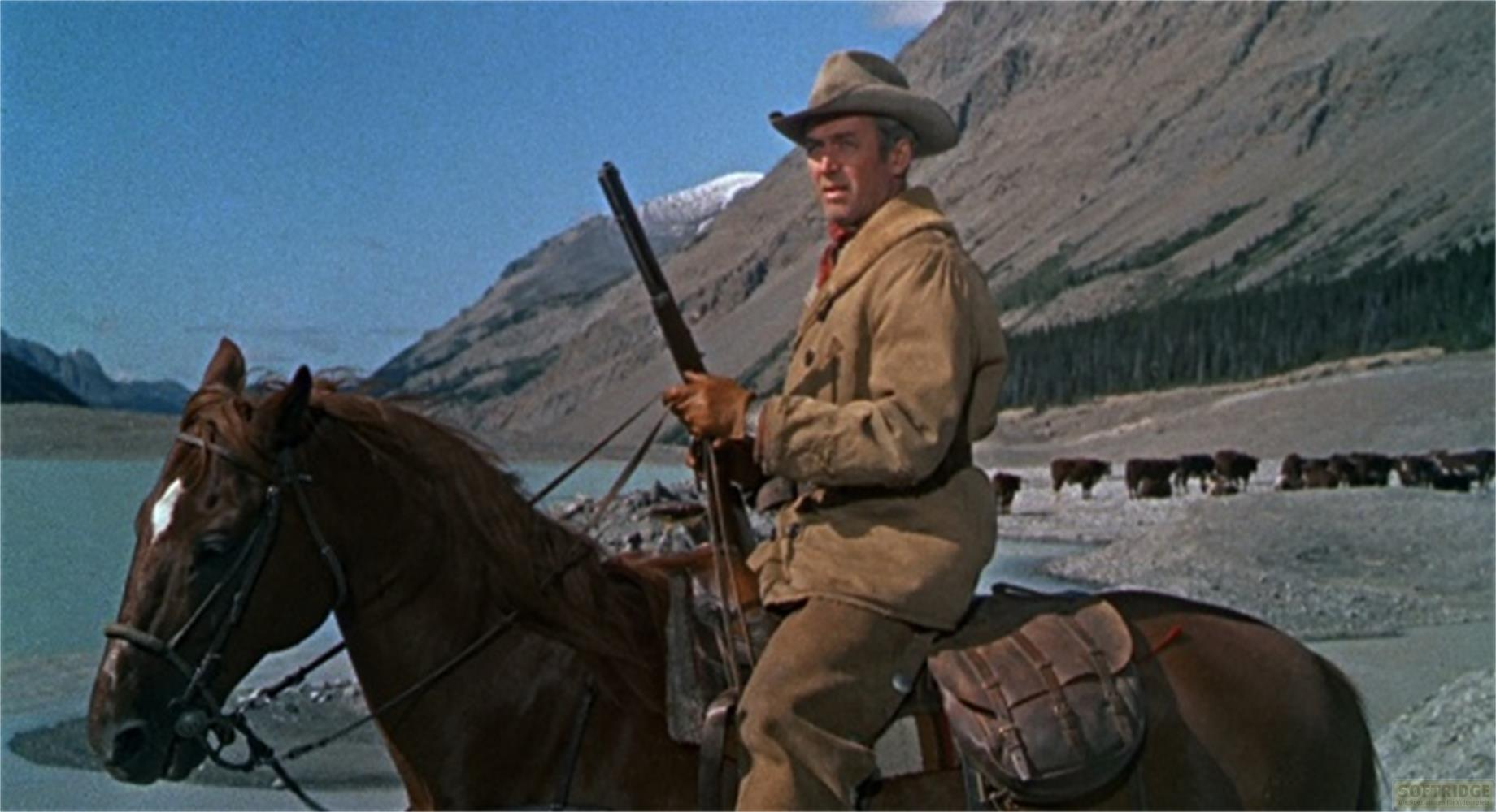 Un uomo in abiti da cowboy cavalca un cavallo marrone in un paesaggio montuoso.