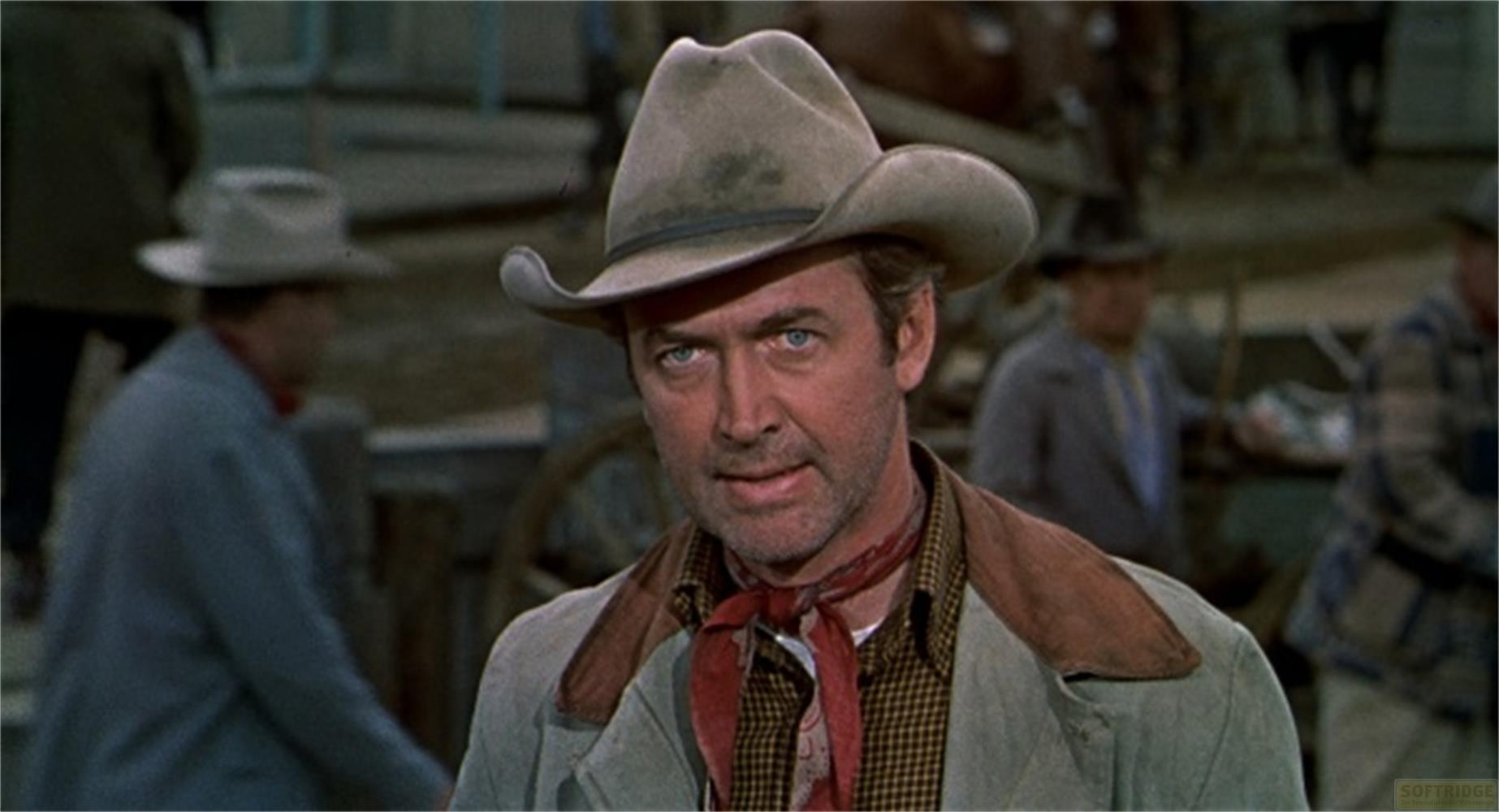 Un uomo con cappello da cowboy e foulard rosso guarda avanti.
