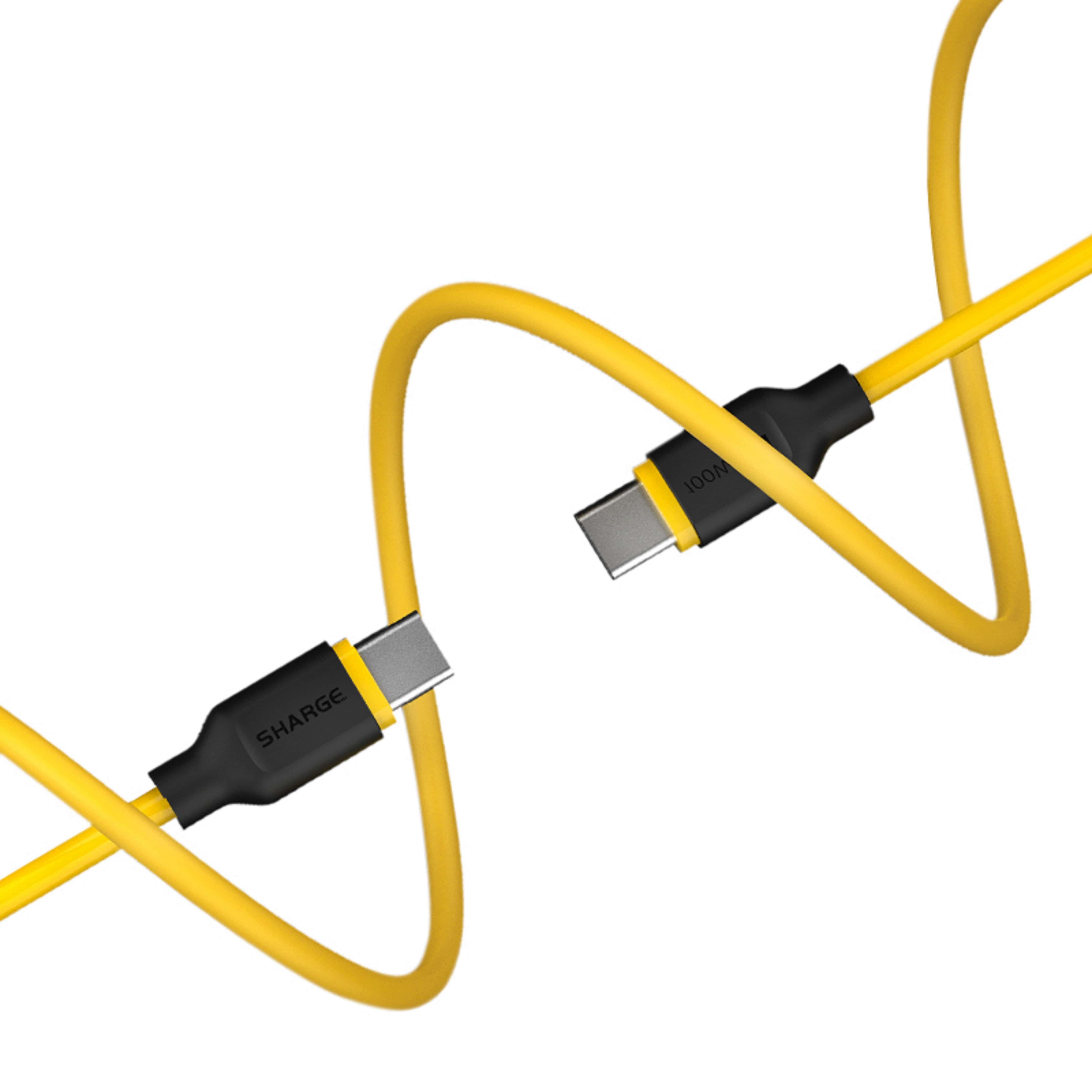 Un câble USB-C jaune avec connecteurs noirs sur fond blanc.