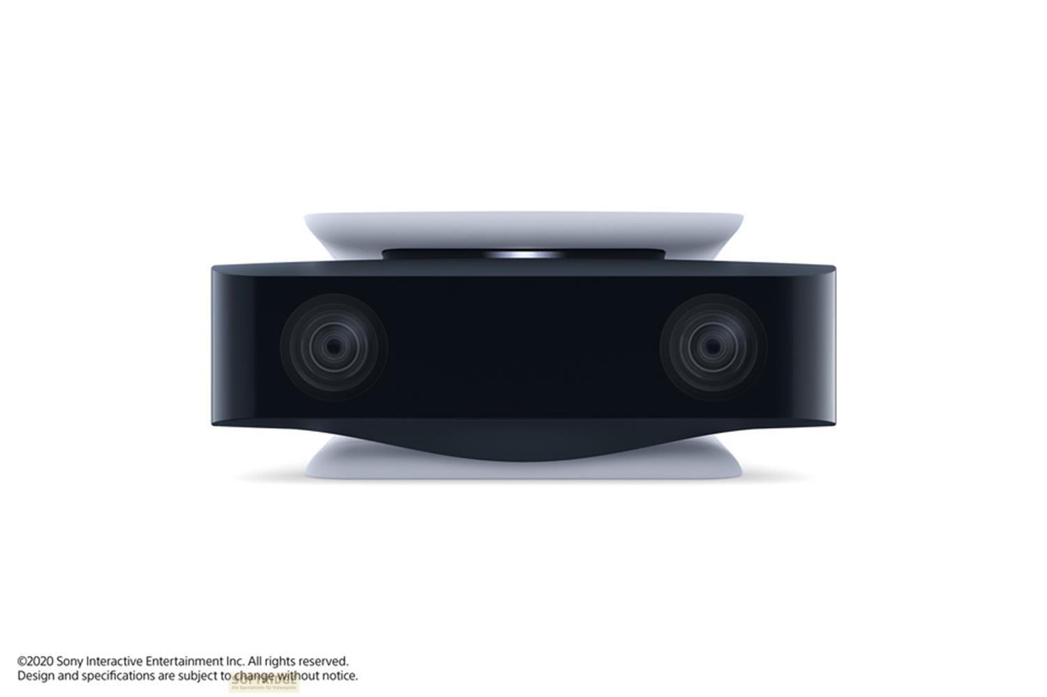 Eine schwarze VR-Kamera mit zwei Objektiven auf einem weißen Ständer.