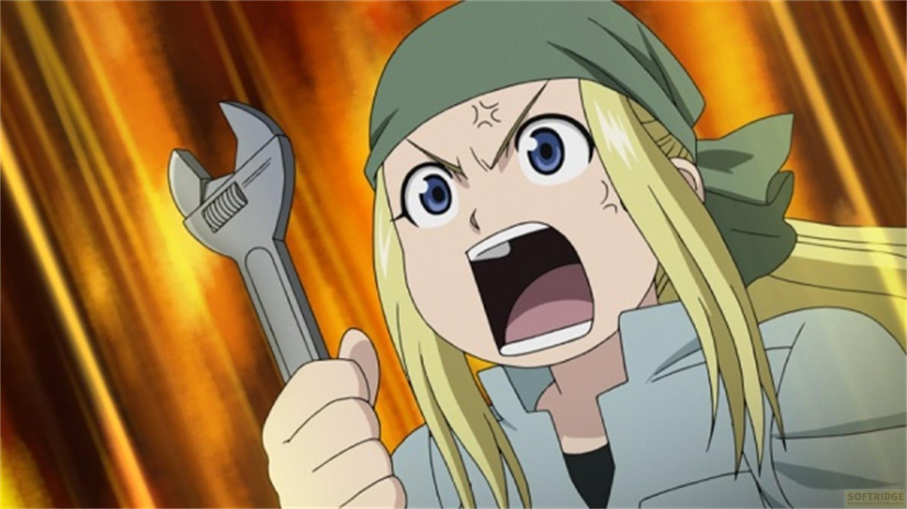 Ragazza anime arrabbiata con una chiave inglese su sfondo arancione.
