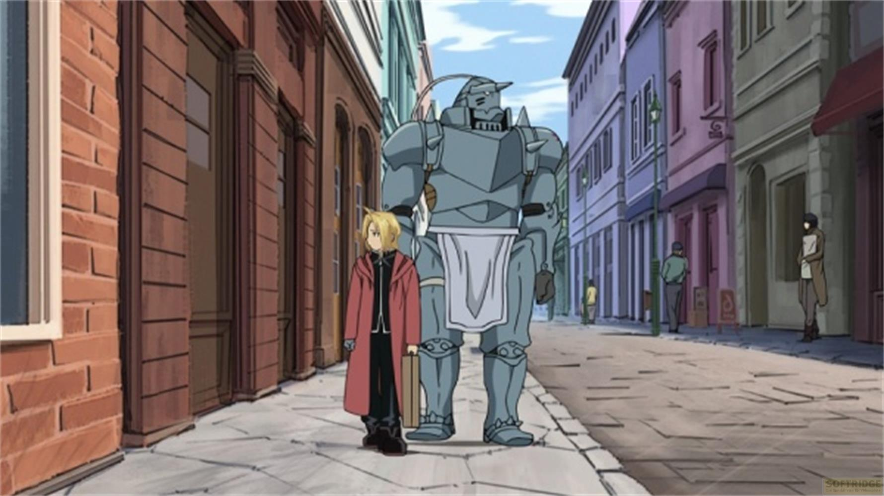 Un ragazzo in cappotto rosso e un grande robot camminano per strada.