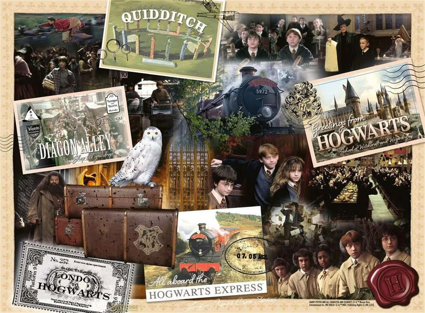 Collage di scene di Harry Potter: Quidditch, Hogwarts, Diagon Alley, Hogwarts Express.