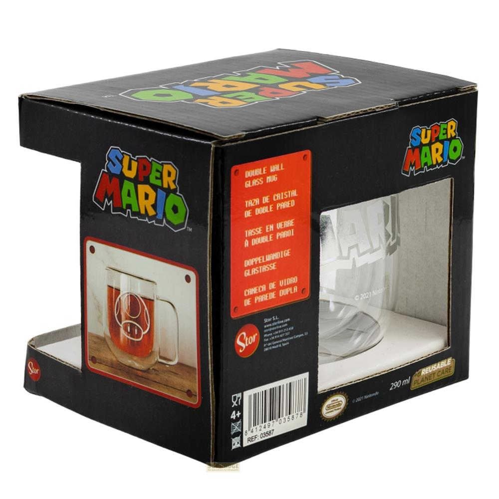 Taza de cristal Super Mario doble pared en caja con diseño de hongo.