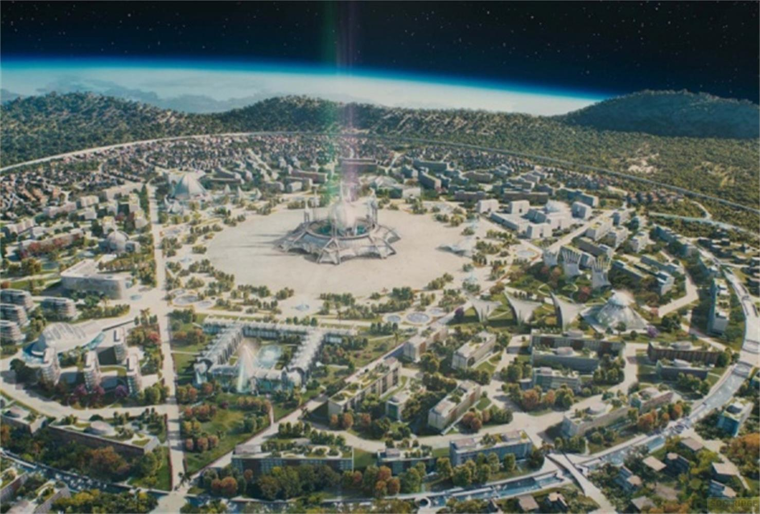 Città futuristica con torre centrale sotto un cielo stellato.
