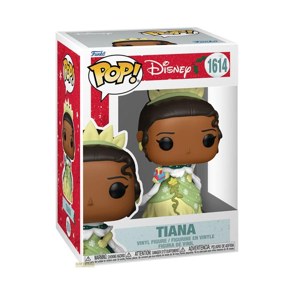 Figura Funko Pop! de vinilo de Tiana con vestido verde y corona, sosteniendo regalos.