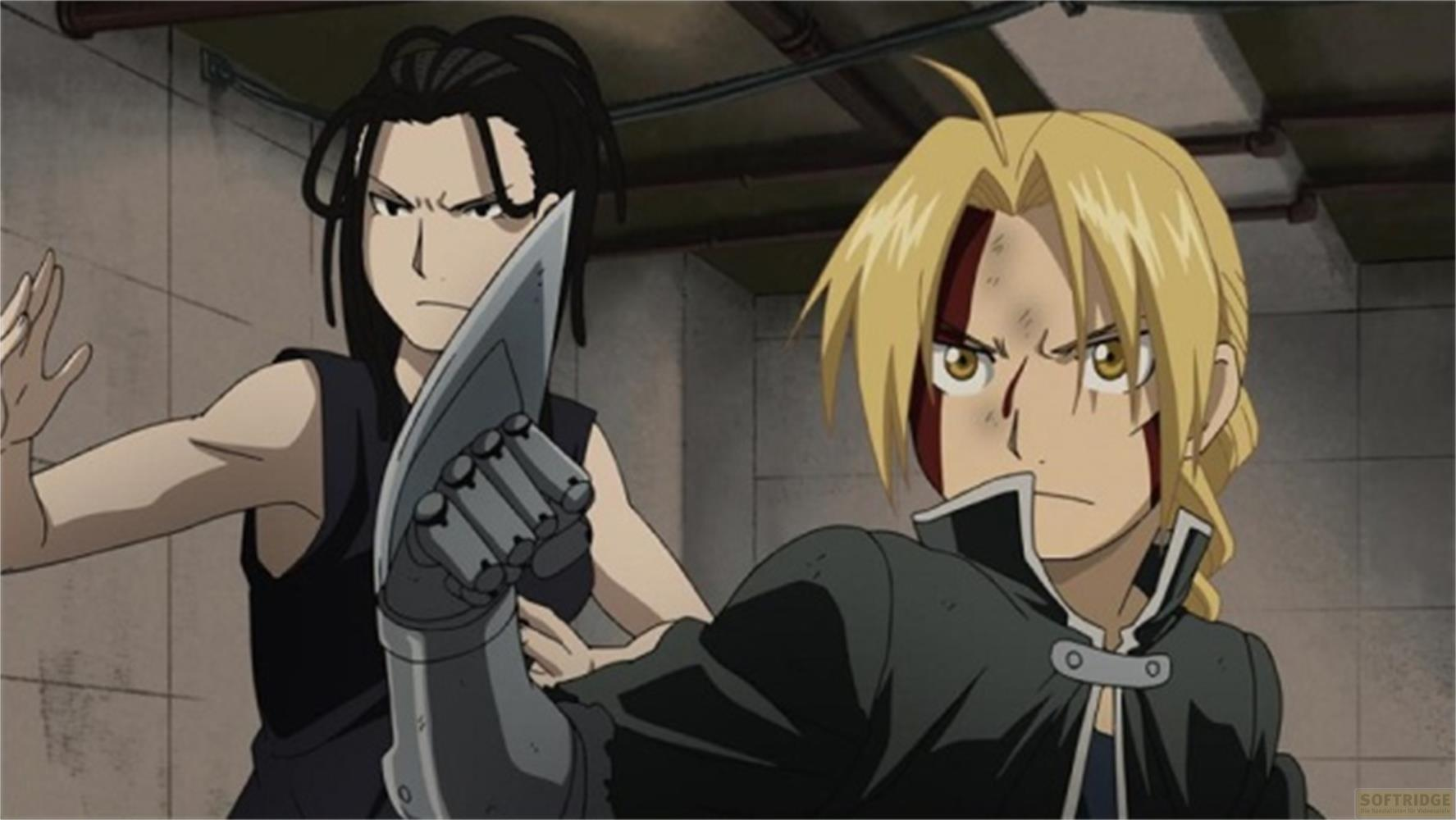 Deux personnages d'anime, l'un blond, l'autre brun, regardent intensément.