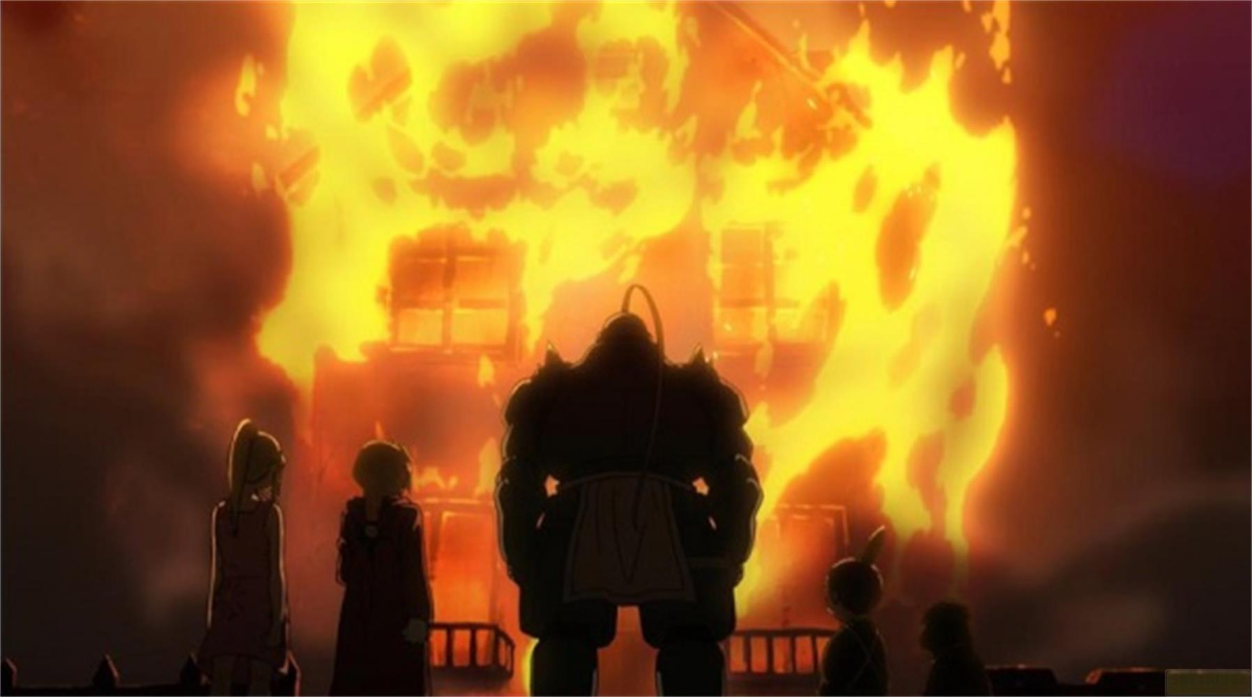 Des personnages devant un bâtiment en feu style anime.