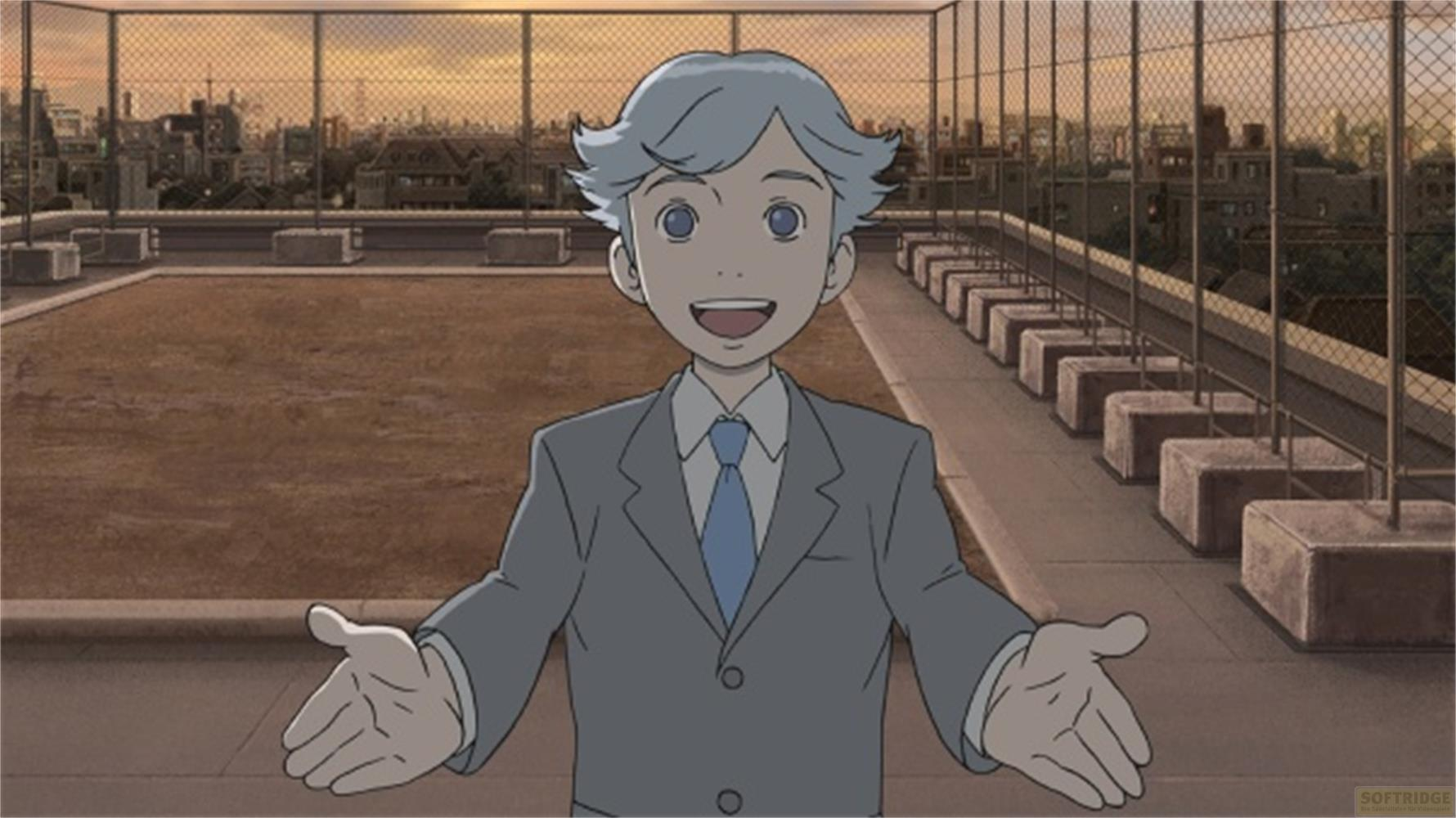 Un ragazzo con capelli blu chiaro in abito grigio sta sul tetto.