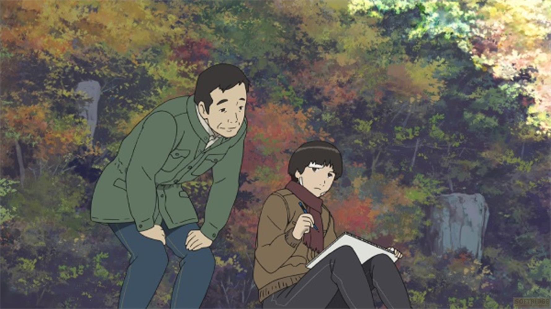 Un uomo in verde guarda un ragazzo che disegna in una foresta autunnale.