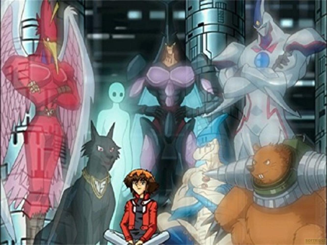 Un gruppo di mostri anime e un ragazzo con giacca rossa in un ambiente futuristico.