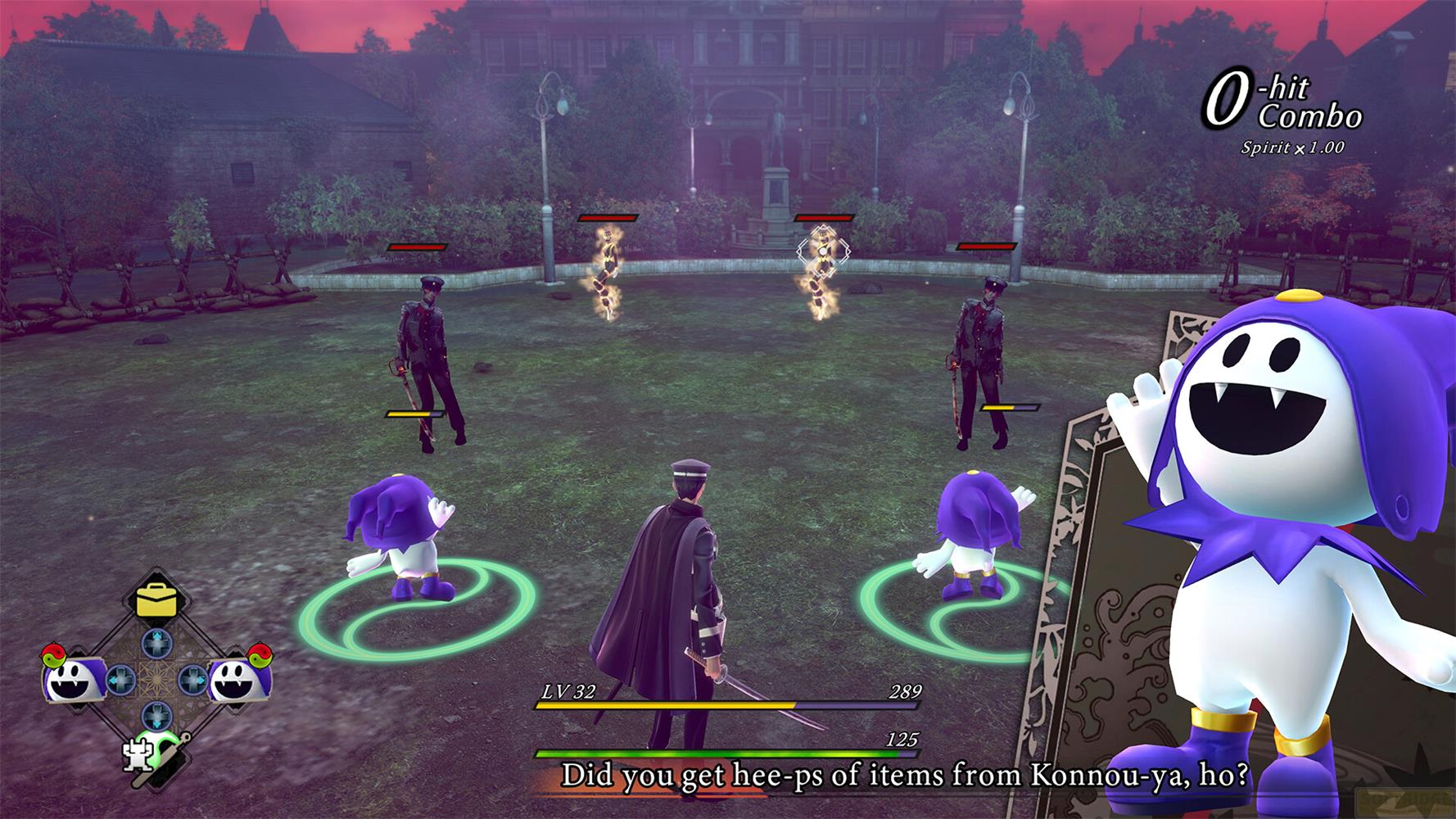 Ein Spielcharakter kämpft gegen lila Monster in einem Park bei Nacht.