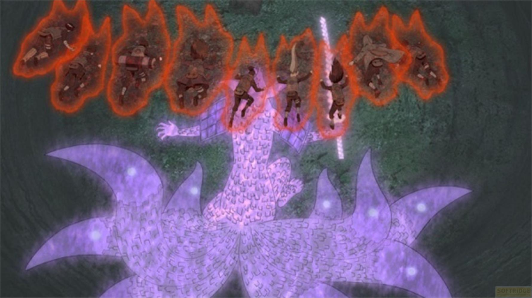 Un démon violet à neuf queues avec des silhouettes dans des flammes rouges au-dessus de sa tête.