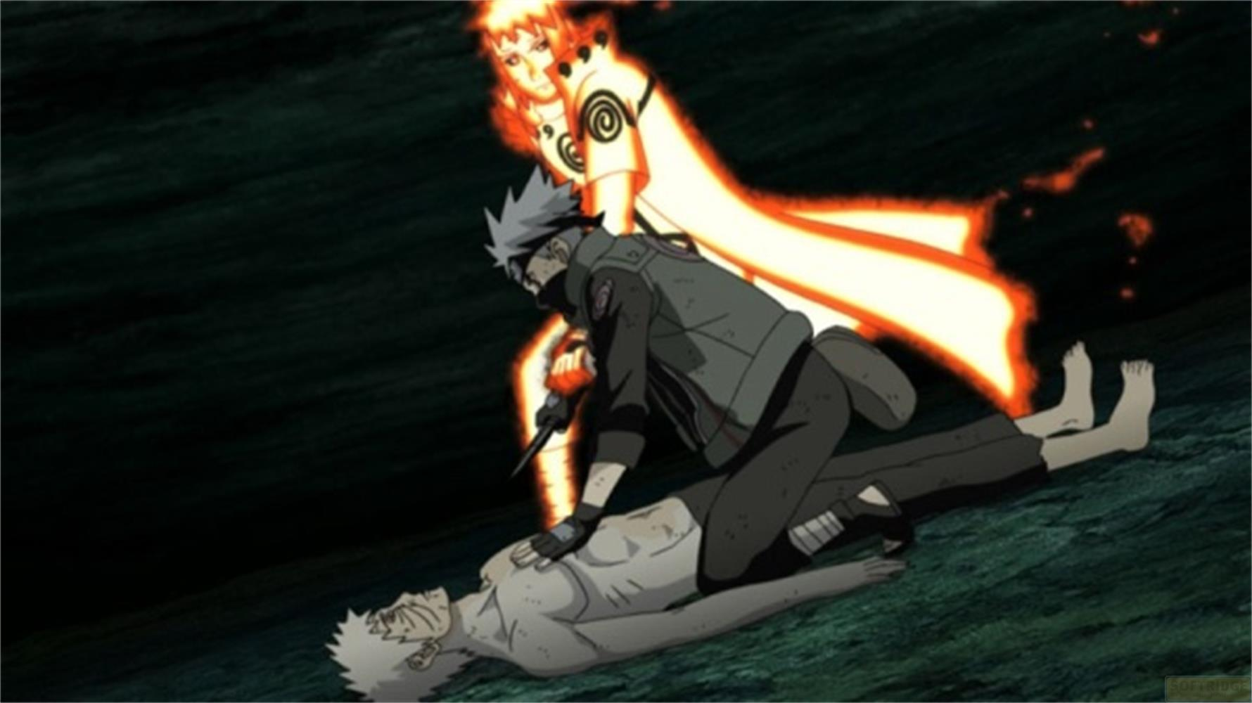 Kakashi s'agenouille sur Obito pendant qu'un esprit jaune lumineux se tient derrière eux.