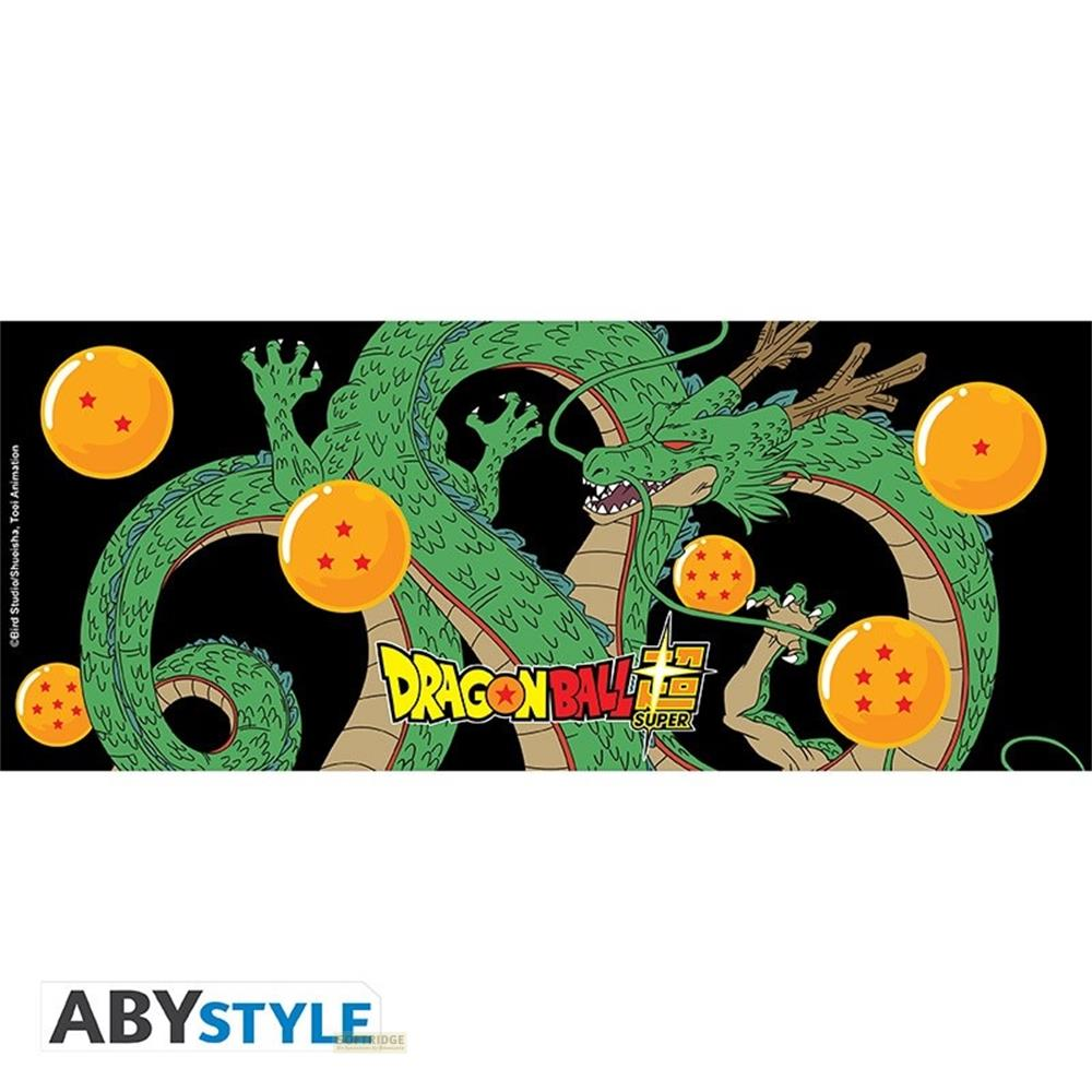 Ein grüner Drache mit sechs Dragon Balls und dem Dragon Ball Super Logo auf schwarzem Hintergrund.