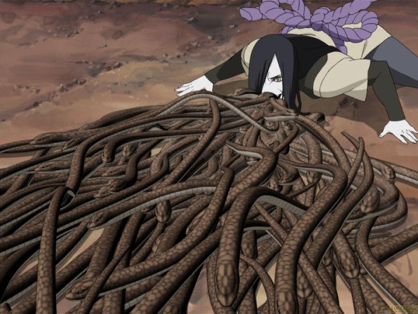 Une personne avec une corde violette dans le dos plonge dans une pile de serpents marron.