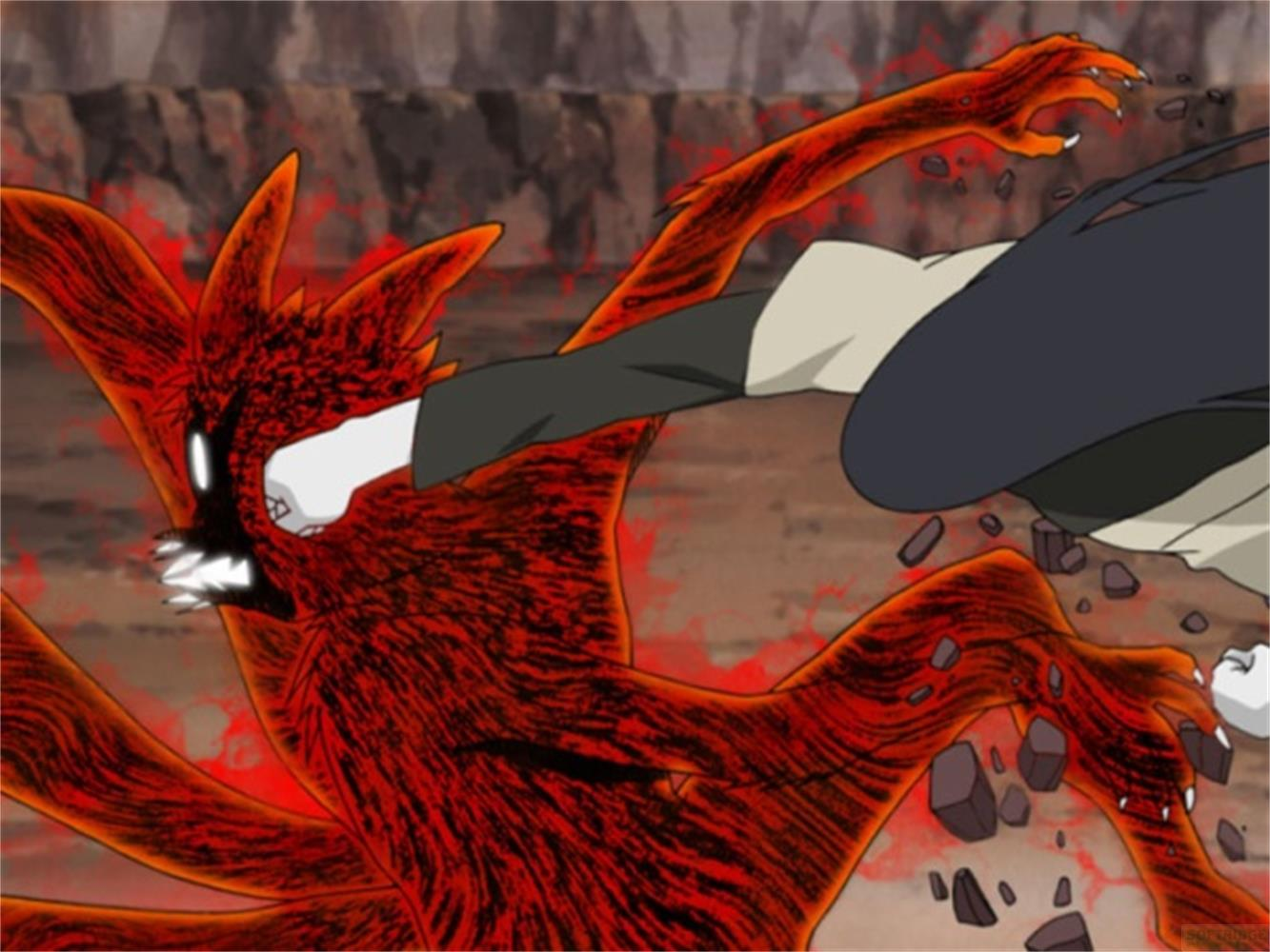 Un renard à neuf queues avec des ombres rouges est attaqué par un bras.