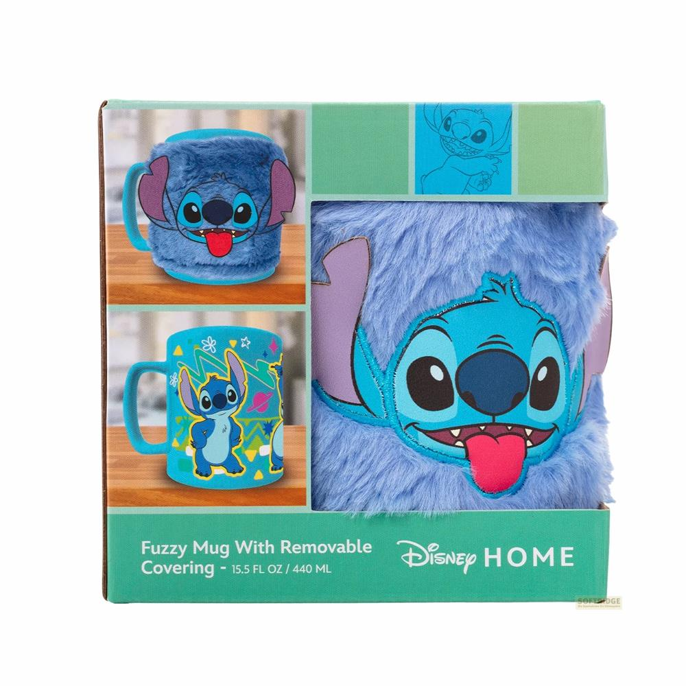 Niebieski, pluszowy kubek Stitch z zdejmowanym pokrowcem i logo Disney Home.