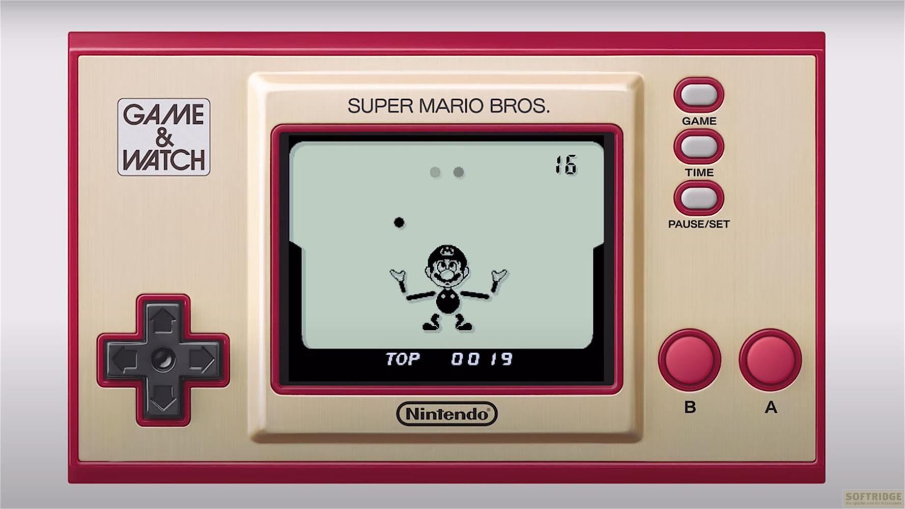 Ein Game & Watch mit Super Mario Bros. Spielanzeige.