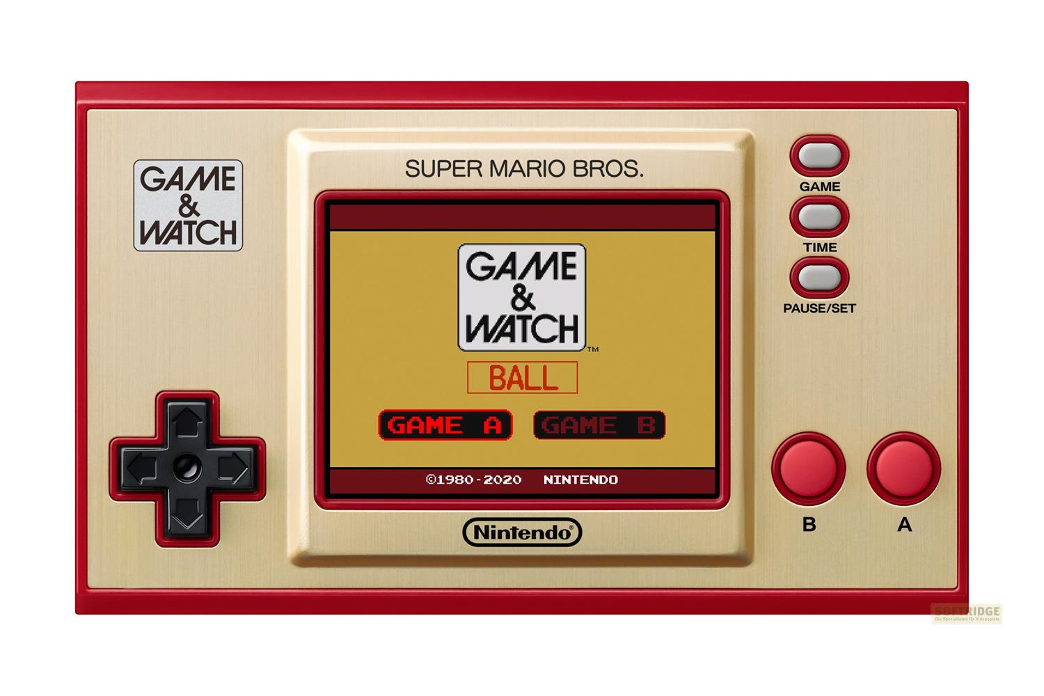 Ein beigefarbener Nintendo Game & Watch mit rotem Rahmen und Super Mario Bros.