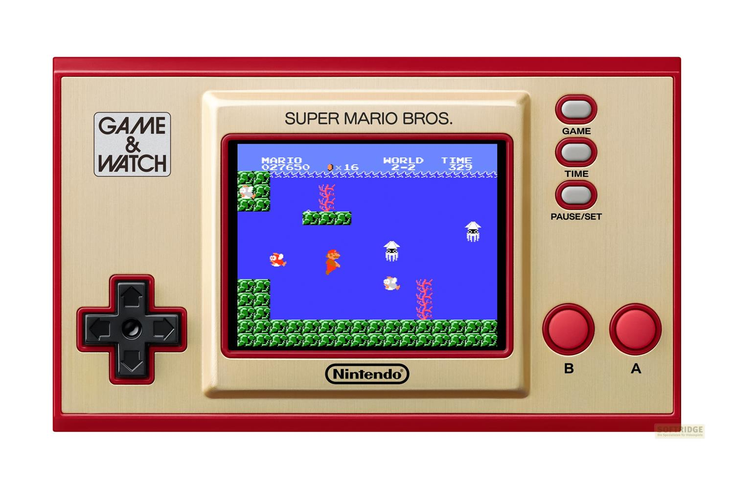 Ein Game & Watch mit Super Mario Bros. Spielbildschirm. Mario schwimmt im Wasser.