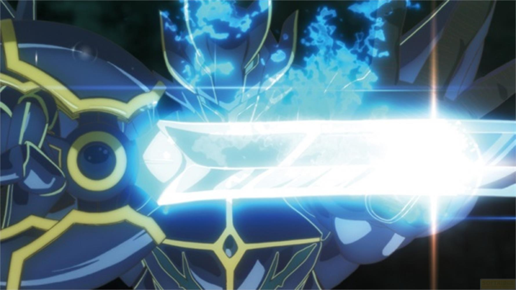 Un personaggio blu corazzato con lame luminose e fiamme.