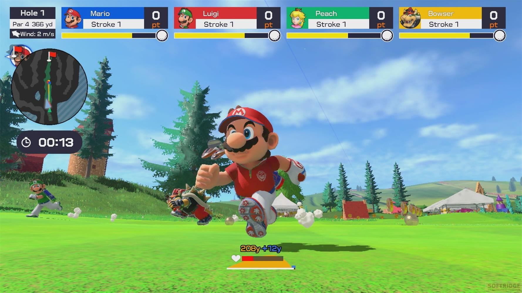 Mario corre in un gioco di golf, con Bowser al seguito, su un campo verde.