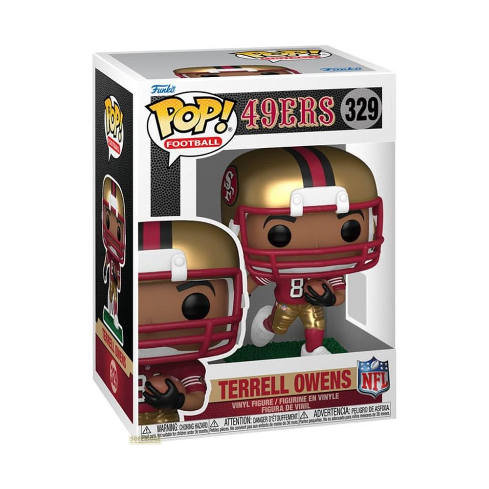 Figura Funko Pop! de Terrell Owens con uniforme de los 49ers, casco dorado y máscara roja.