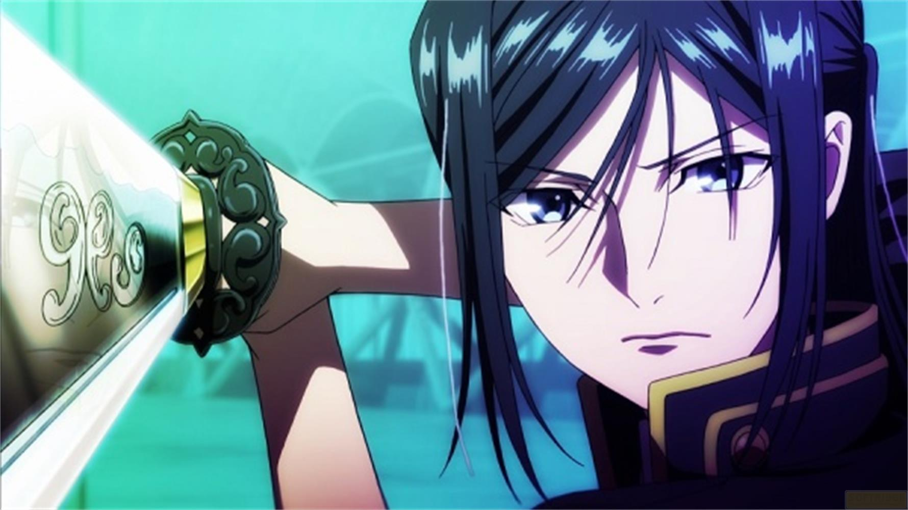 Un personaggio anime dai capelli scuri tiene una spada con elsa ornata.