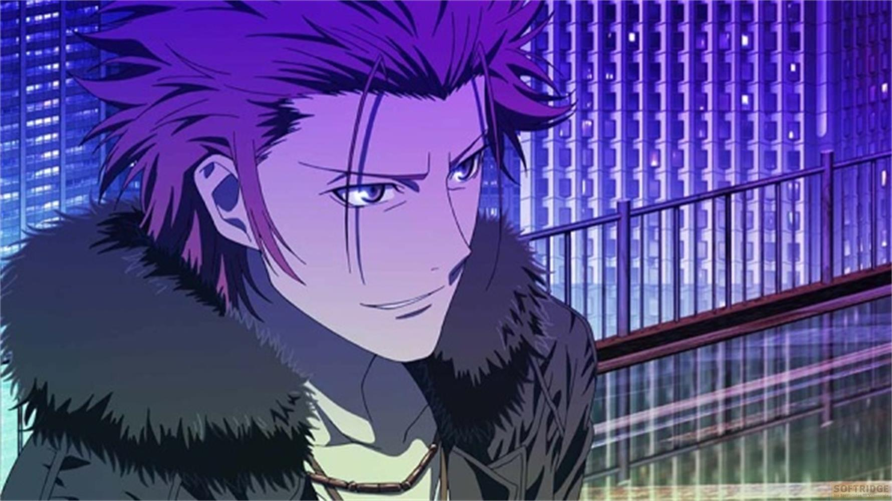 Uomo anime con capelli viola indossa un colletto di pelliccia davanti a un edificio blu.