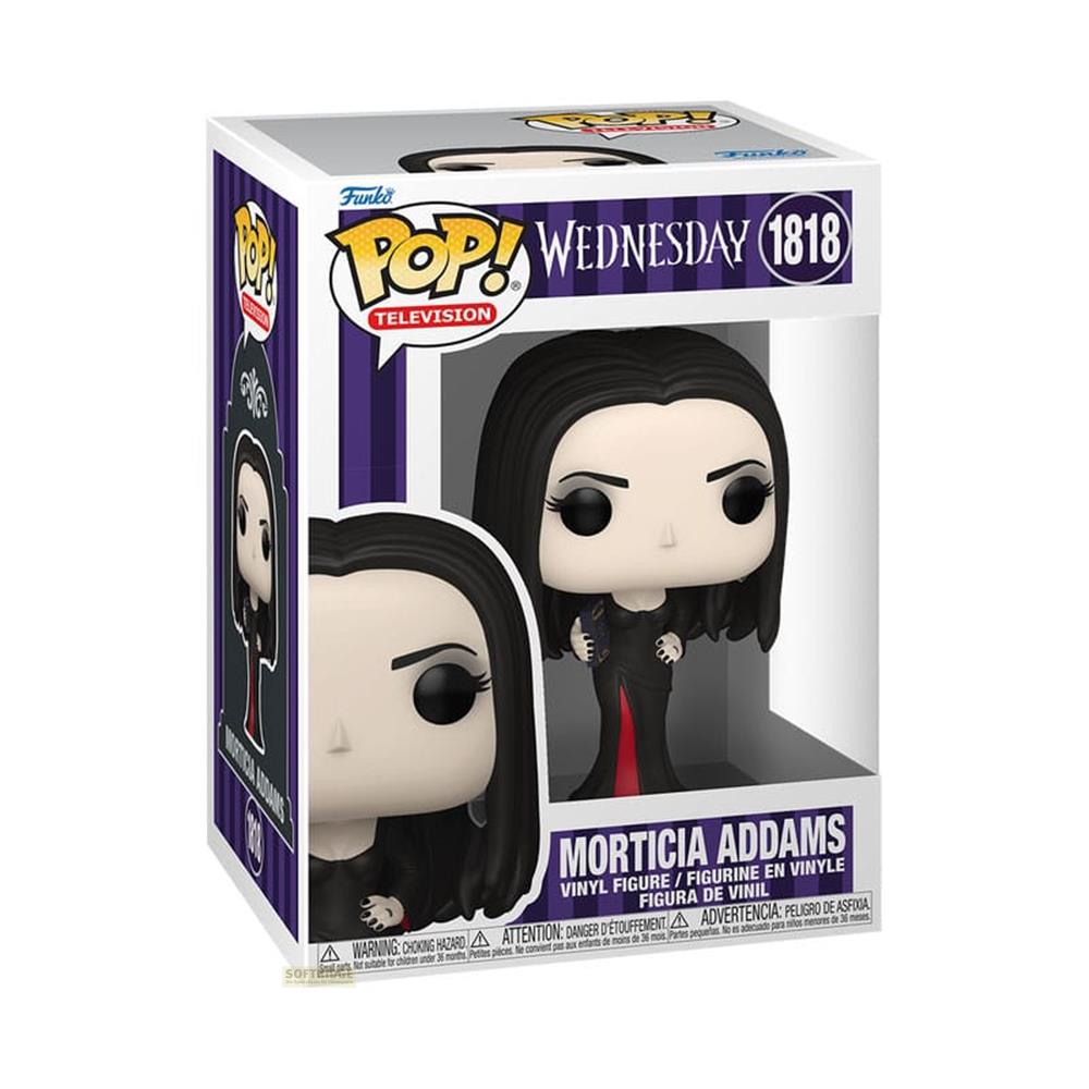 Figurka Funko Pop Morticii Addams w czarnej sukience z czerwonym dołem.