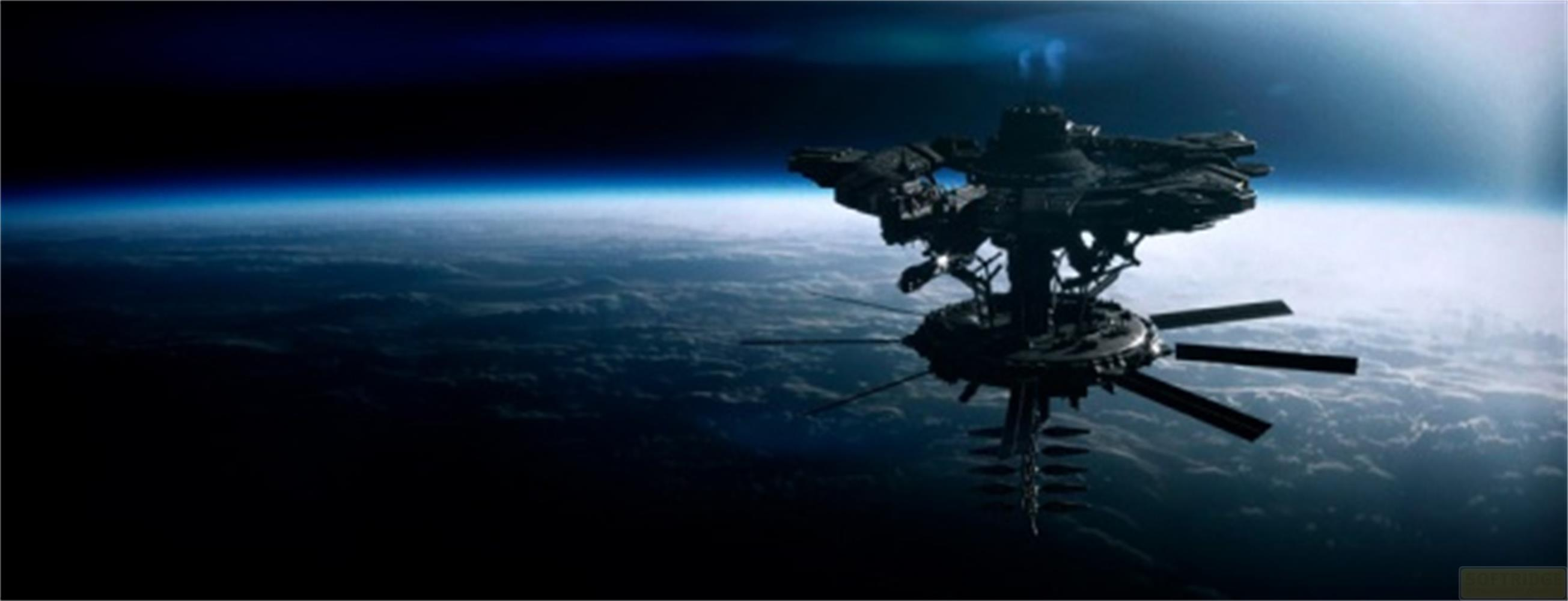 Un'astronave incombe sulle nuvole della Terra, con lo spazio oscuro sullo sfondo.