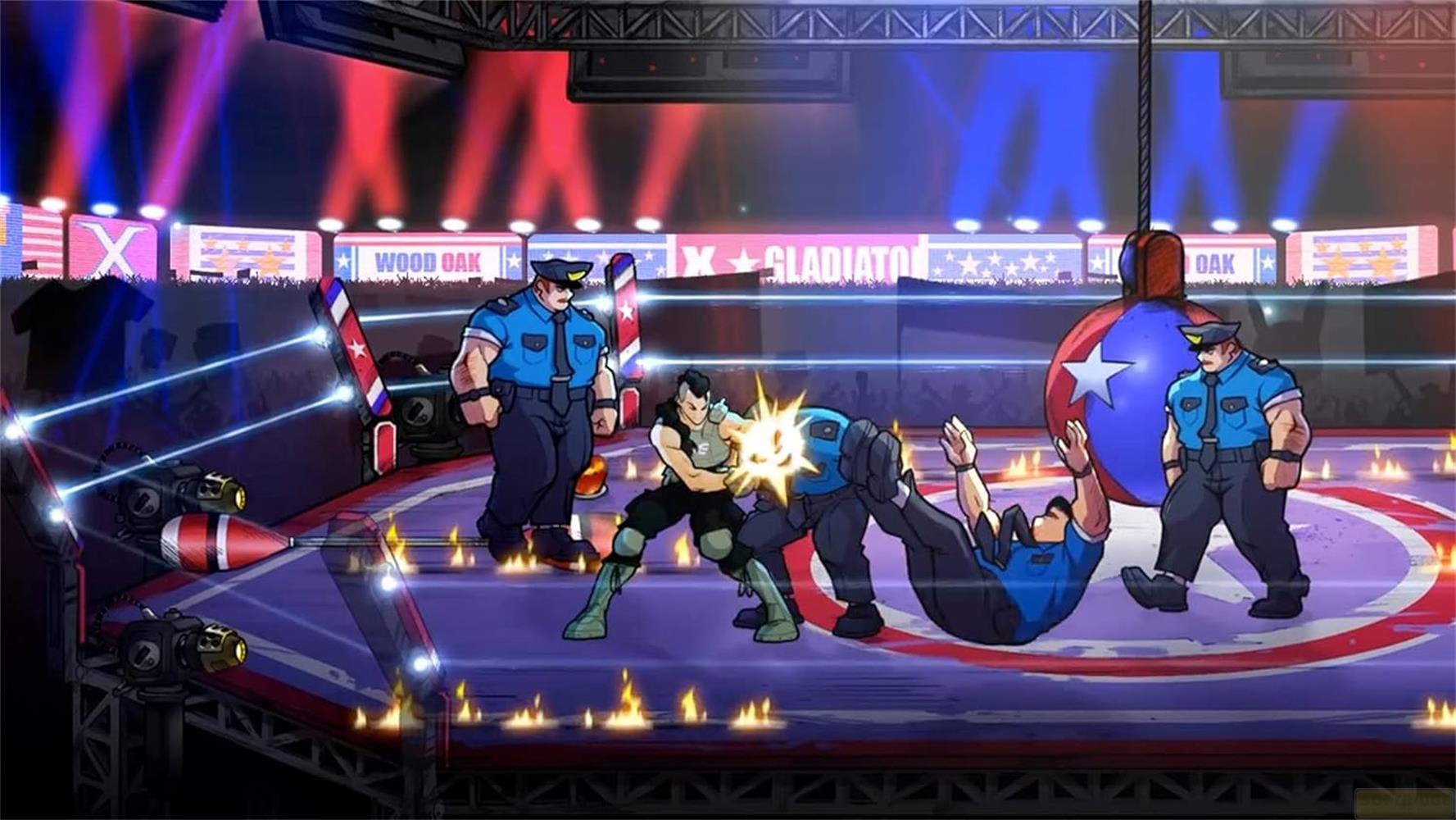 Dwóch policjantów walczy w ringu pod reflektorami. Jeden policjant zostaje powalony.