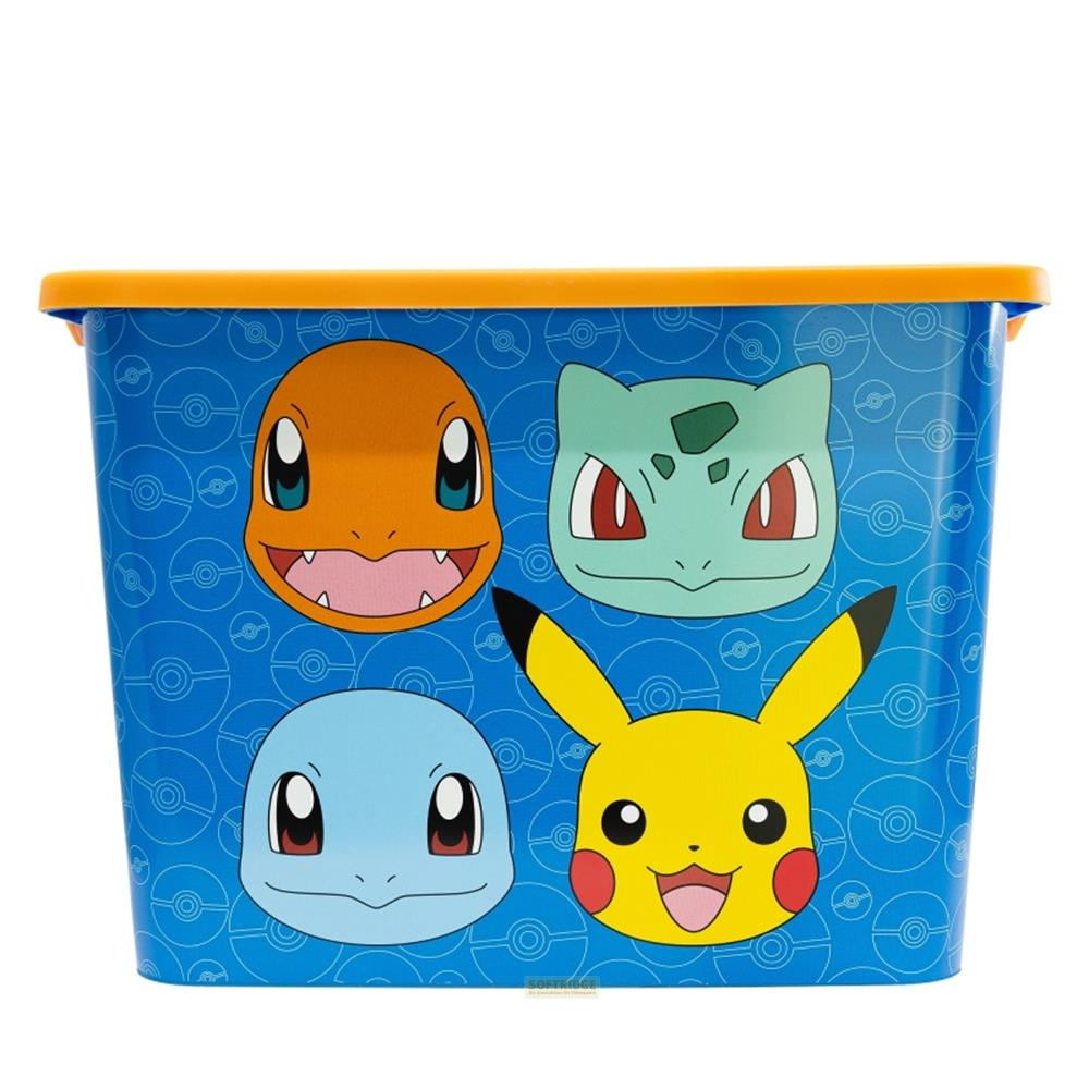 Contenitore blu con soggetti Pokémon: Pikachu, Charmander, Bulbasaur, Squirtle.