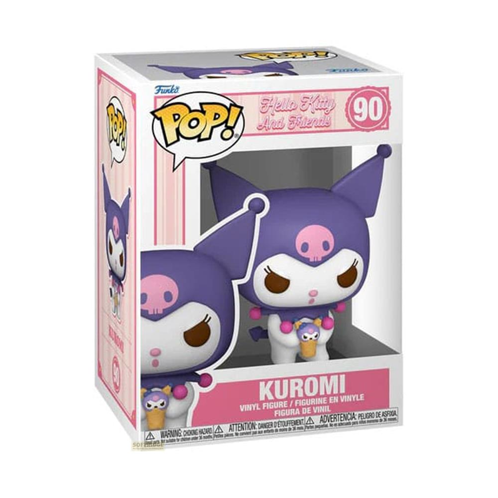 Figura in vinile Funko Pop! Kuromi in scatola rosa e bianca con Hello Kitty.