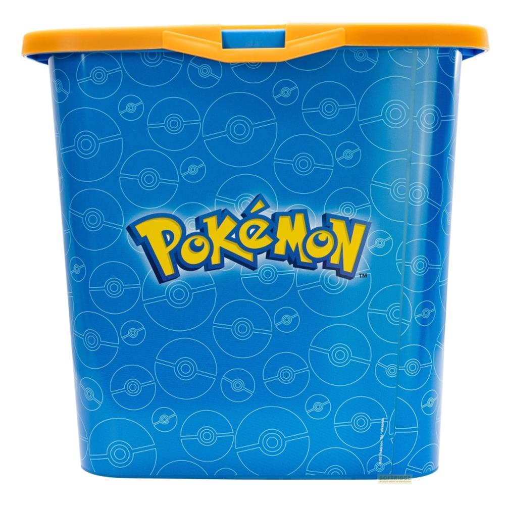 Contenitore blu con logo Pokémon e motivo Poké Ball.
