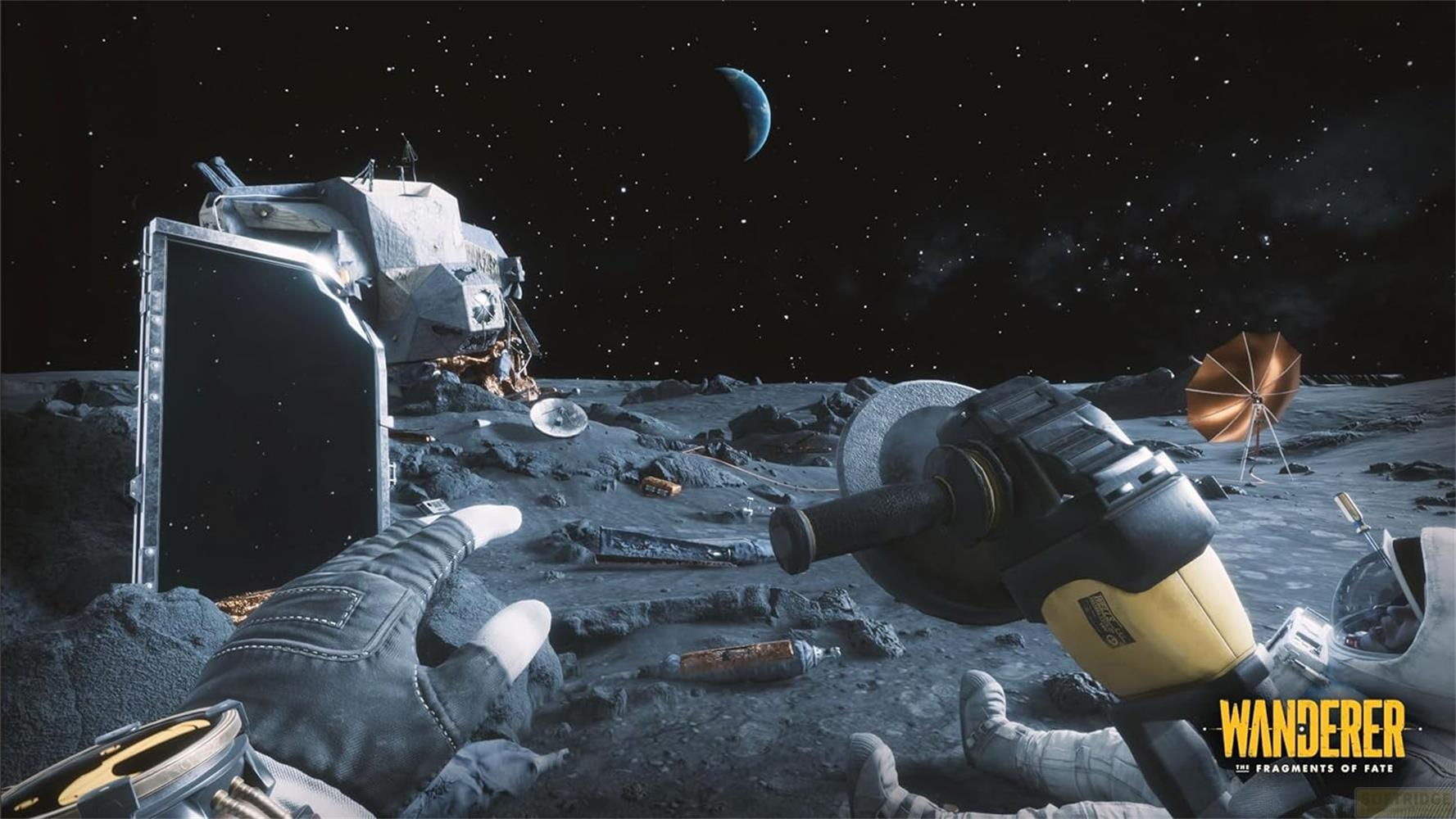 Astronauti sulla luna con astronave, attrezzi e la Terra nel cielo.