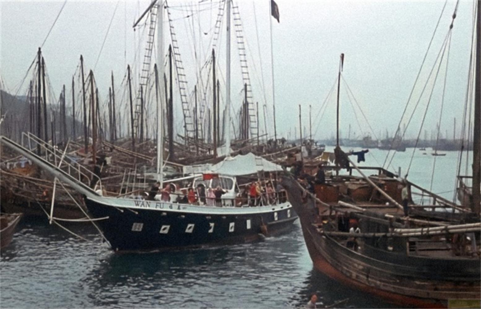 Molte barche a vela nel porto. Una ha "WAN FU" sullo scafo.