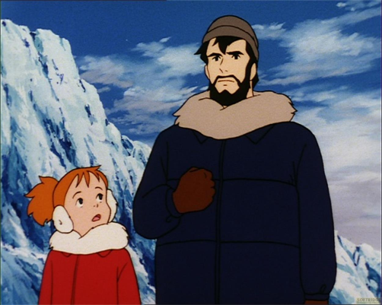 Un uomo barbuto e una bambina davanti a montagne ghiacciate.