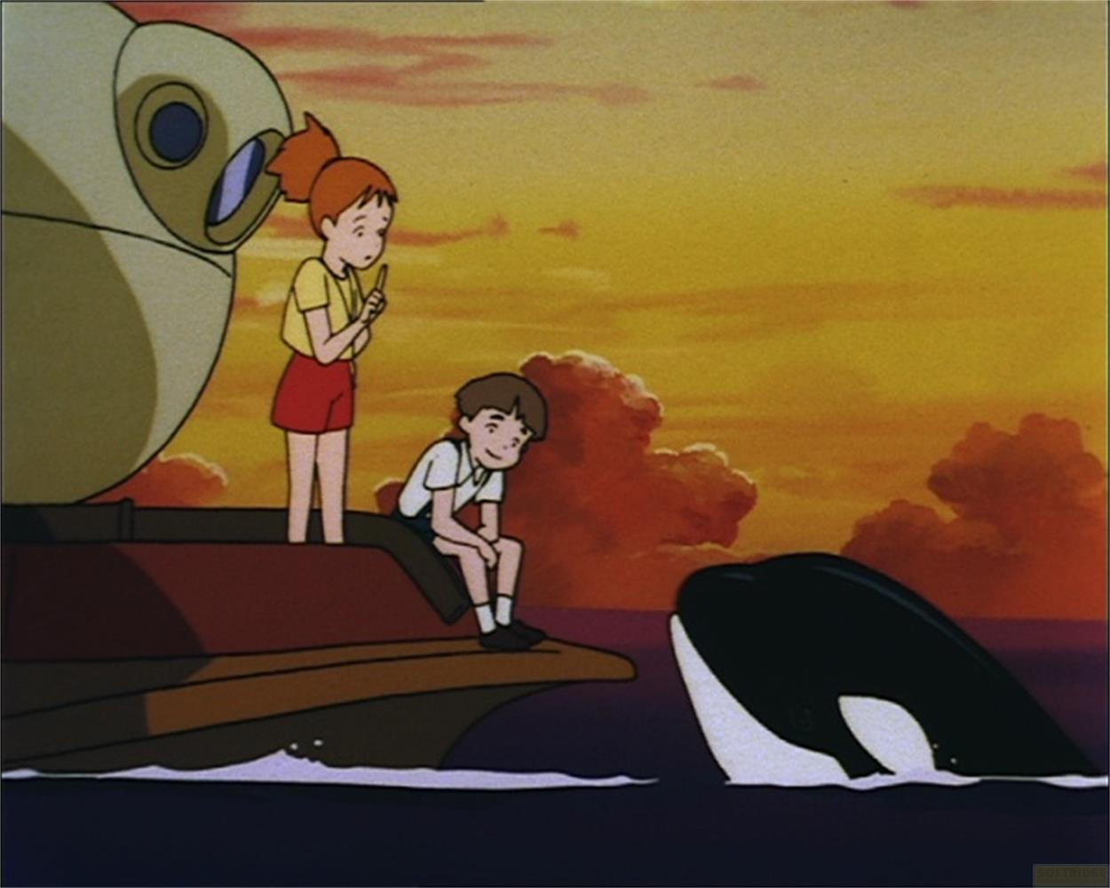 Due bambini su una nave guardano un'orca al tramonto.