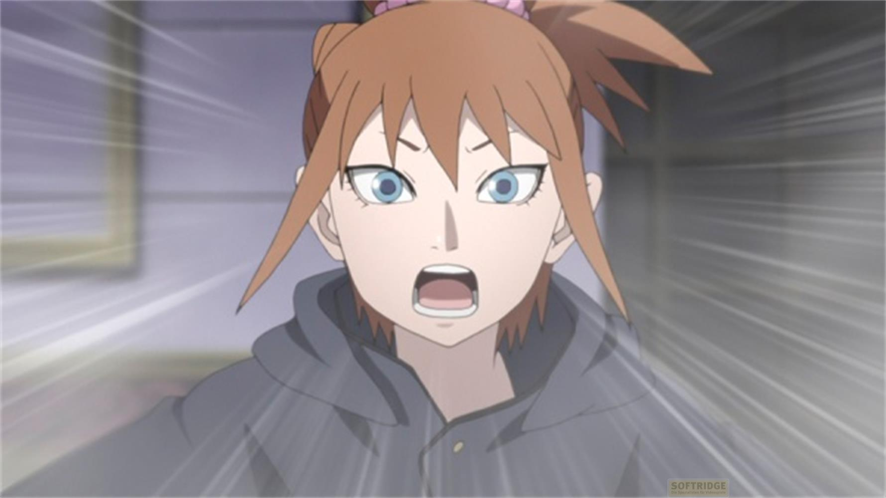 Ragazza anime con capelli castani e occhi blu, urla a bocca aperta.