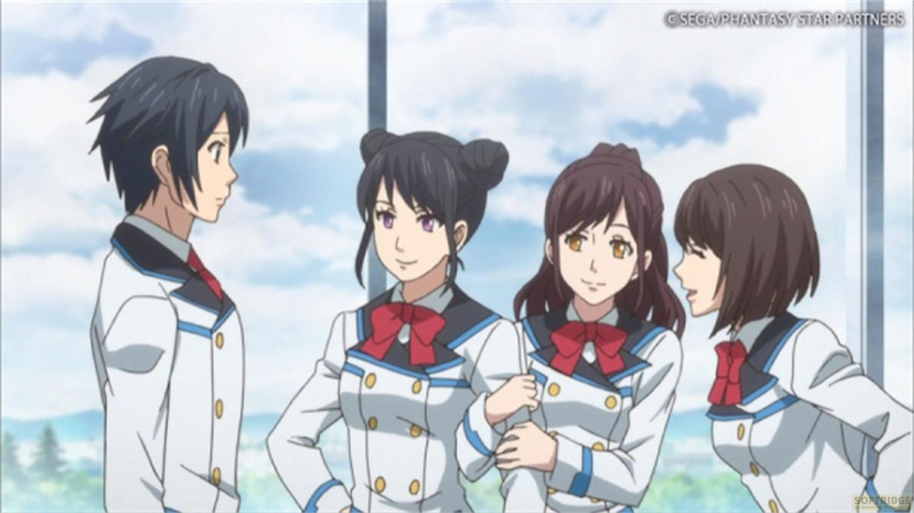 Quattro personaggi anime in uniforme scolastica vicino a una finestra.