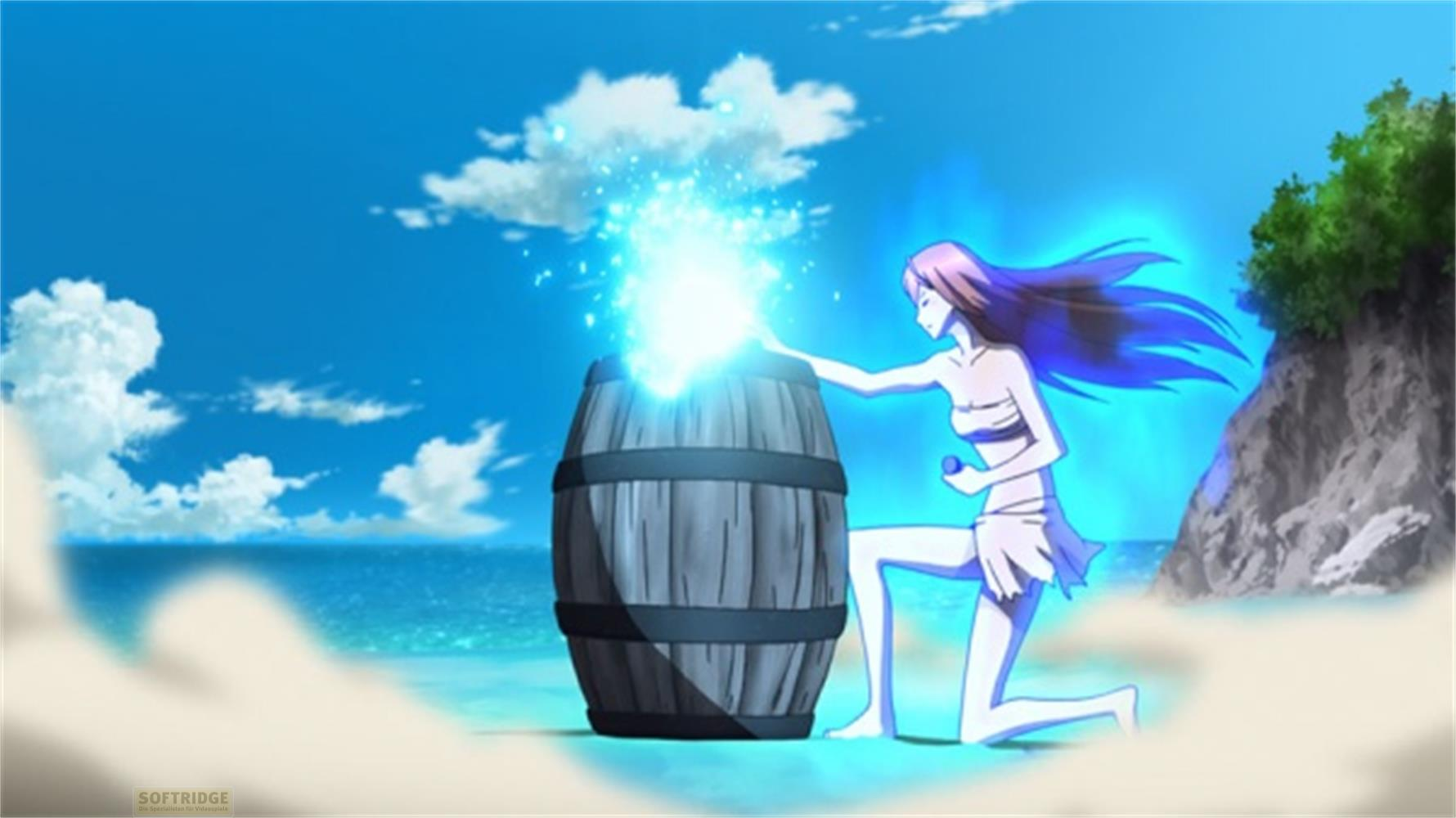 Una donna con i capelli viola si inginocchia accanto a una botte di legno sulla spiaggia. Energia blu.