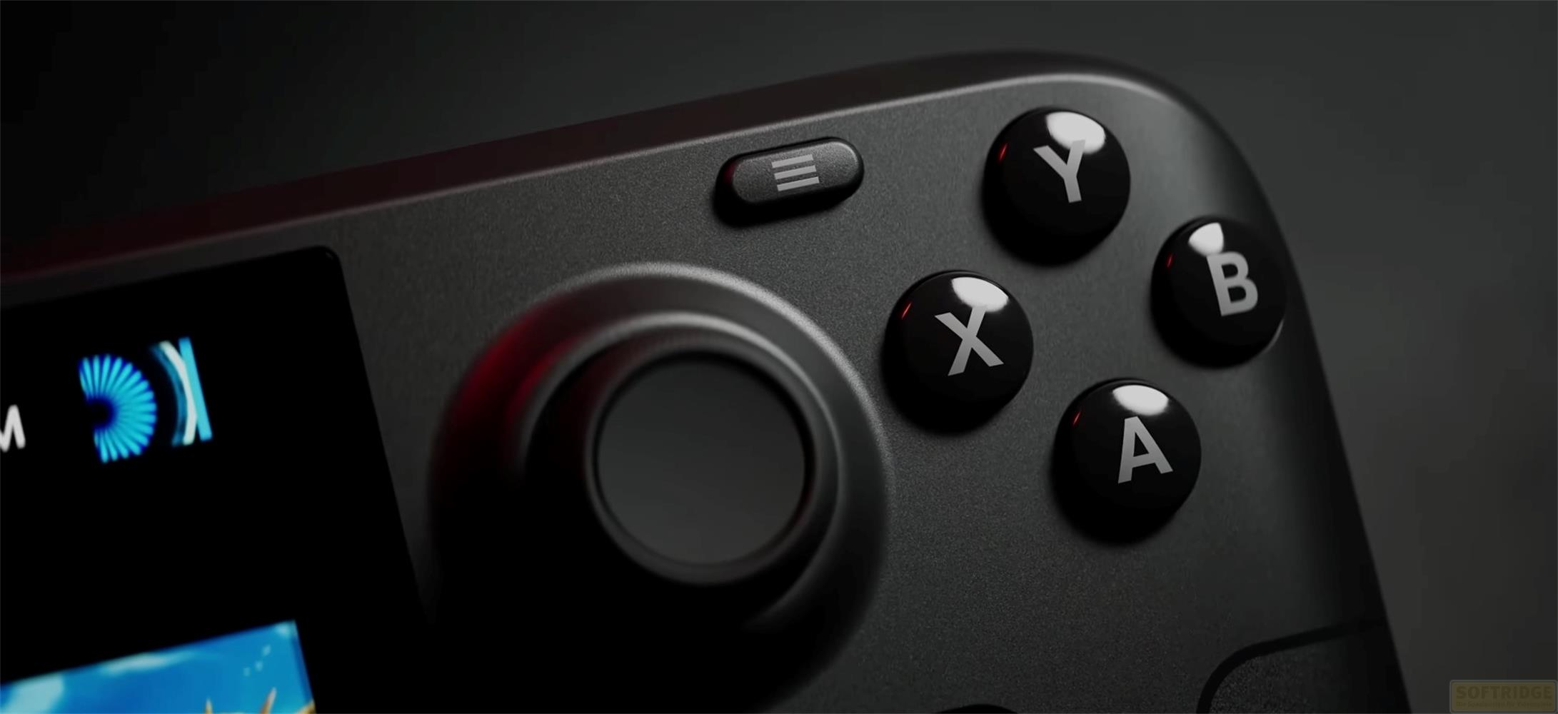 Ein schwarzer Controller mit Joystick, Tasten und Bildschirm. Nahaufnahme.