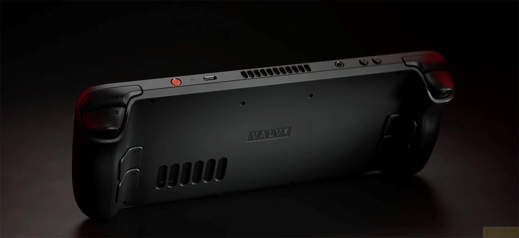 Draufsicht einer schwarzen Valve Steam Deck Konsole mit Lüftungsschlitzen und Tasten.