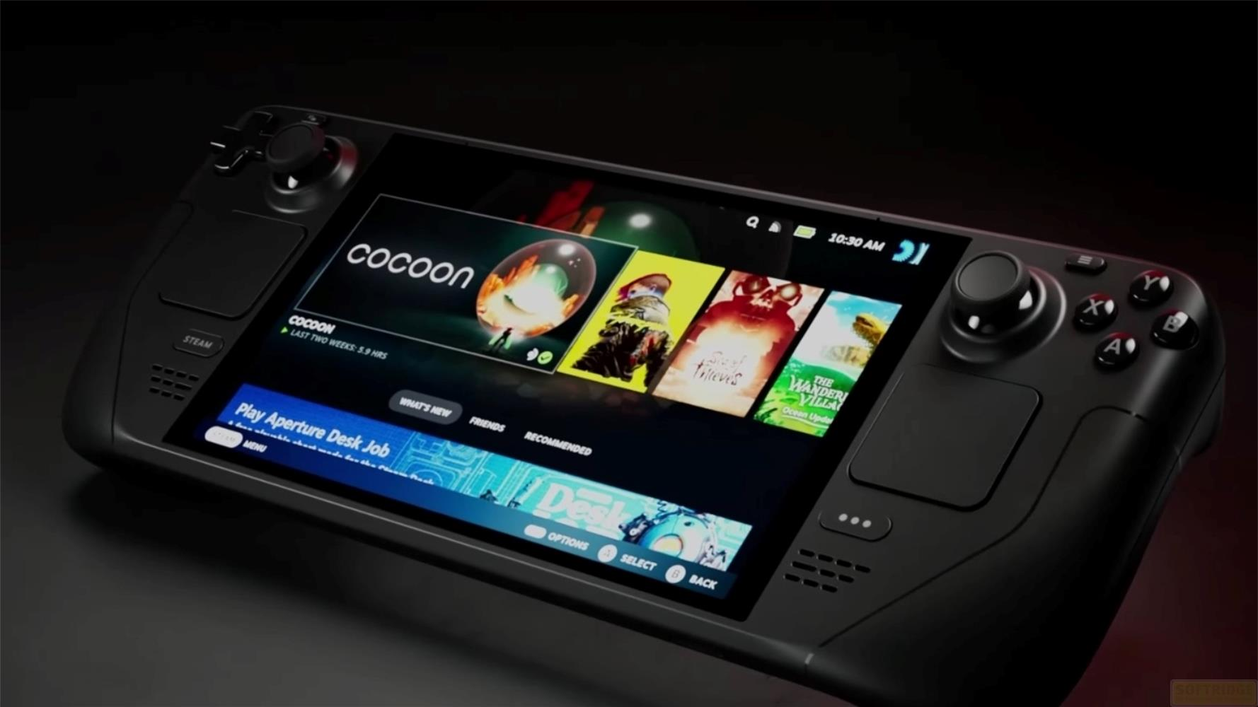 Schwarzes Handheld-Gerät mit Steam-Oberfläche, das Spiele anzeigt.