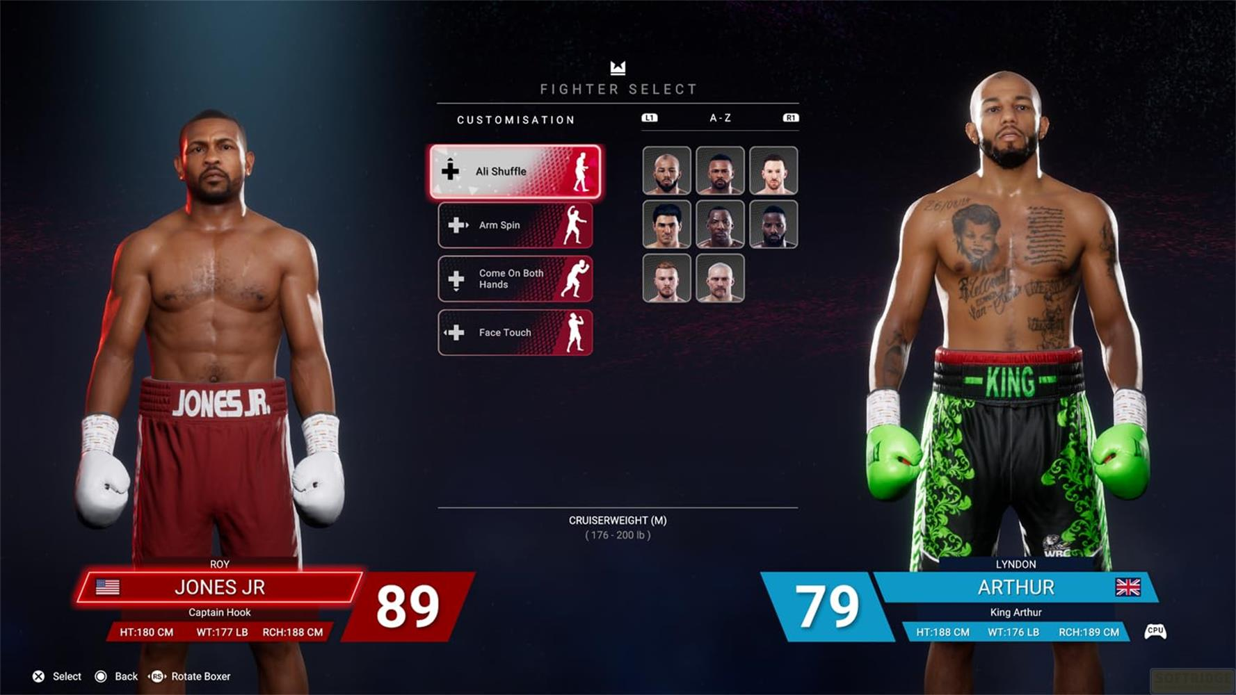 Zwei Boxer stehen sich gegenüber. Links Roy Jones Jr. in roten Shorts, rechts Lyndon Arthur in grünen Shorts.