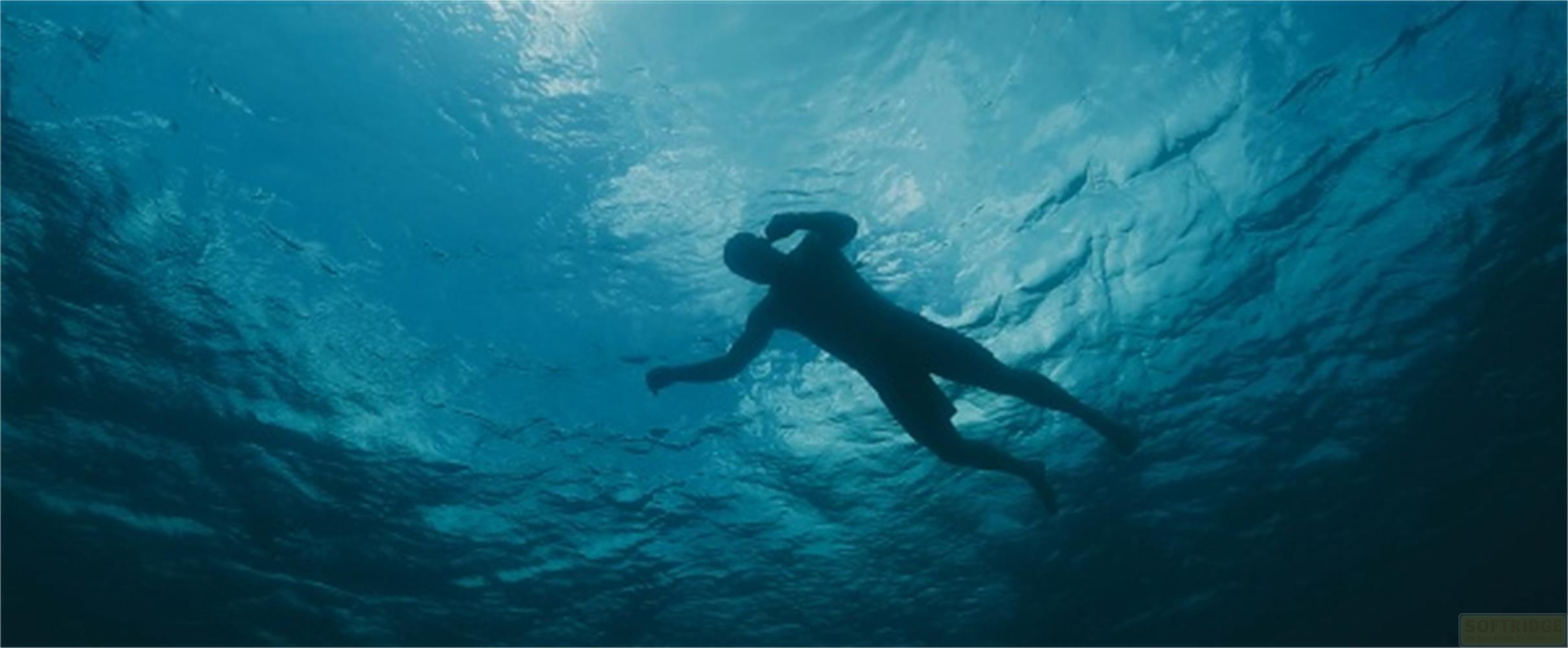 Sagoma di una persona che nuota sott'acqua, con la luce del sole che filtra dall'alto.