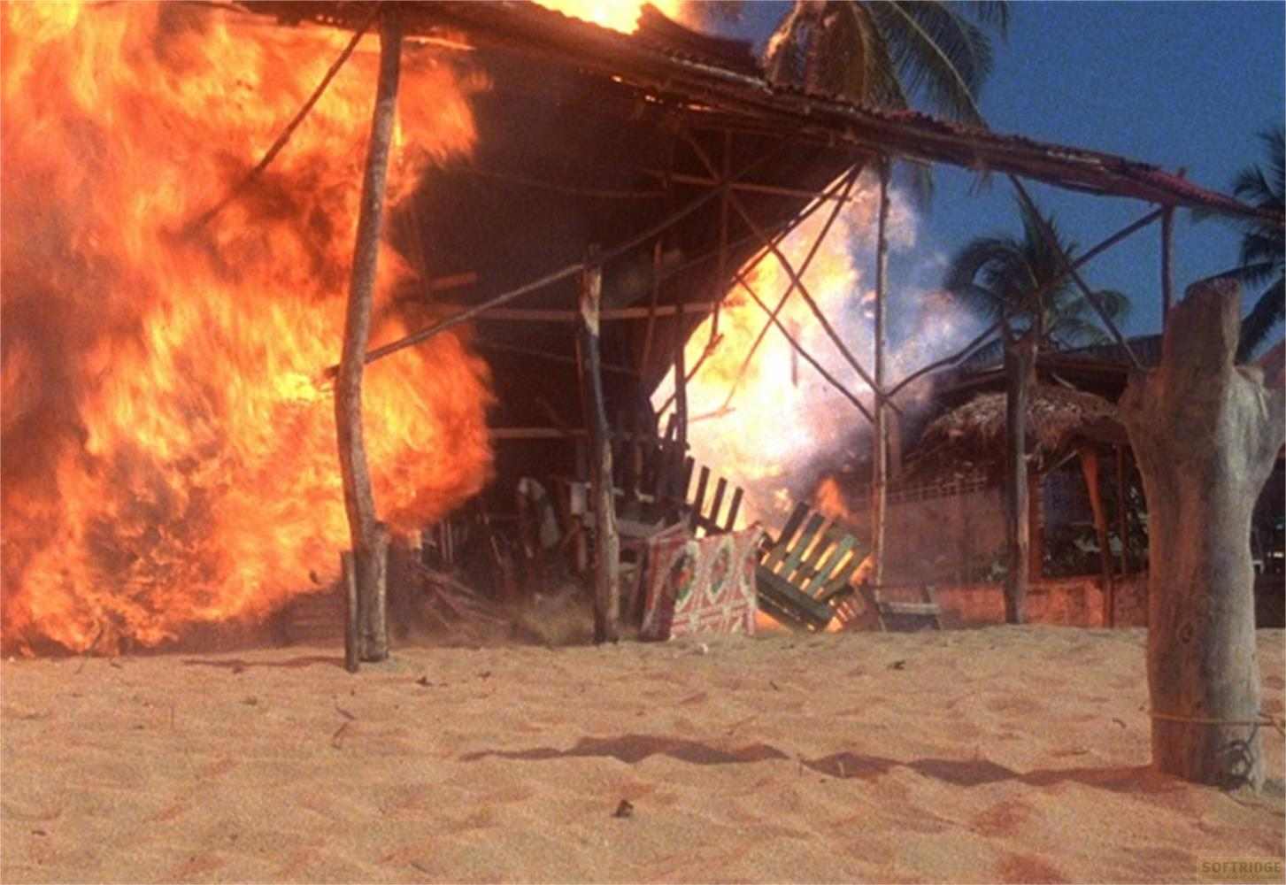 Una capanna sulla spiaggia brucia sulla sabbia con palme sullo sfondo.